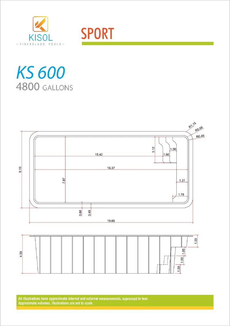 Kisol Sport dimension diagram — length, width, and depth measurements